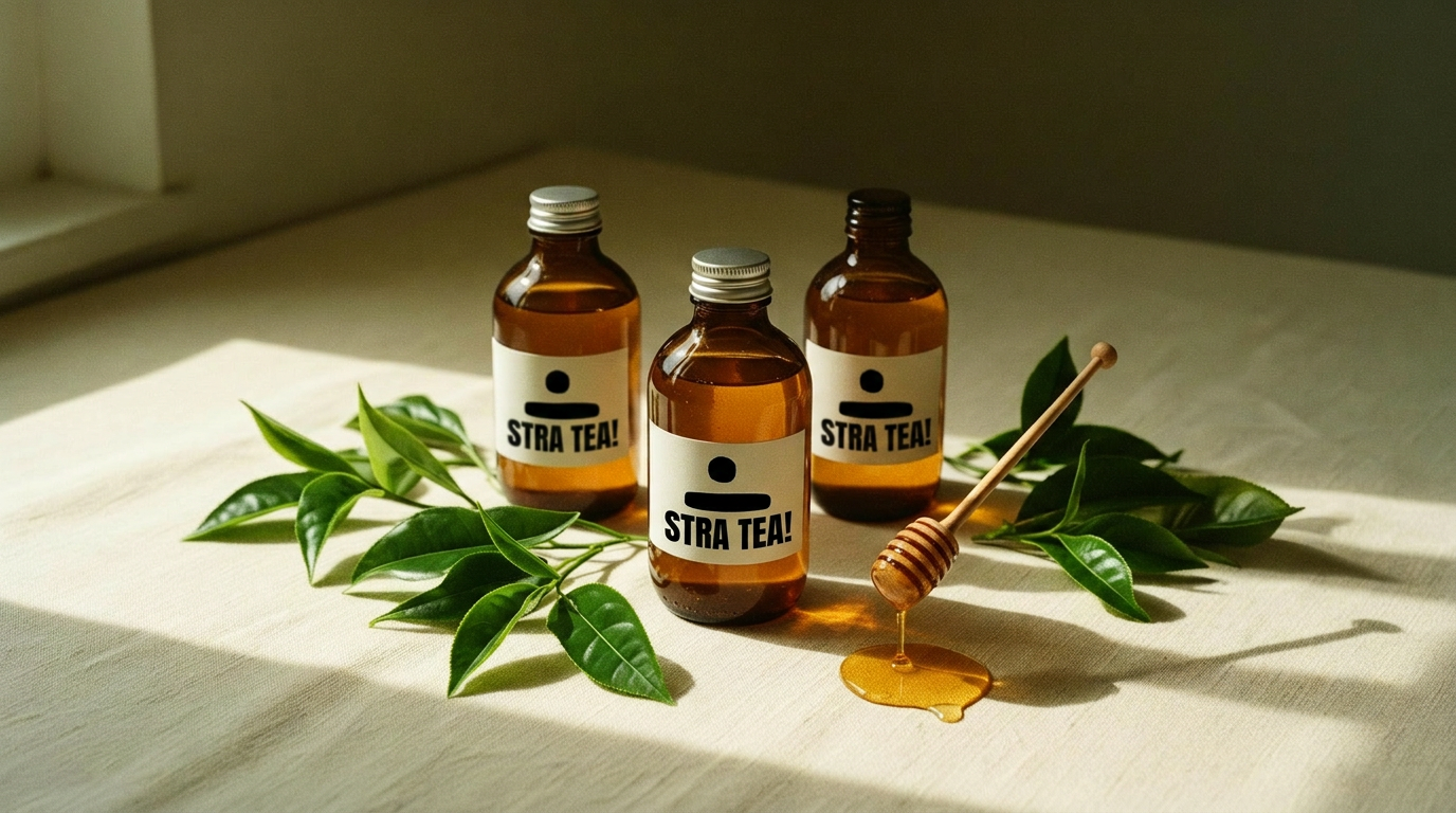 Stra Tea bottles with fresh tea leaves and wildflower honey