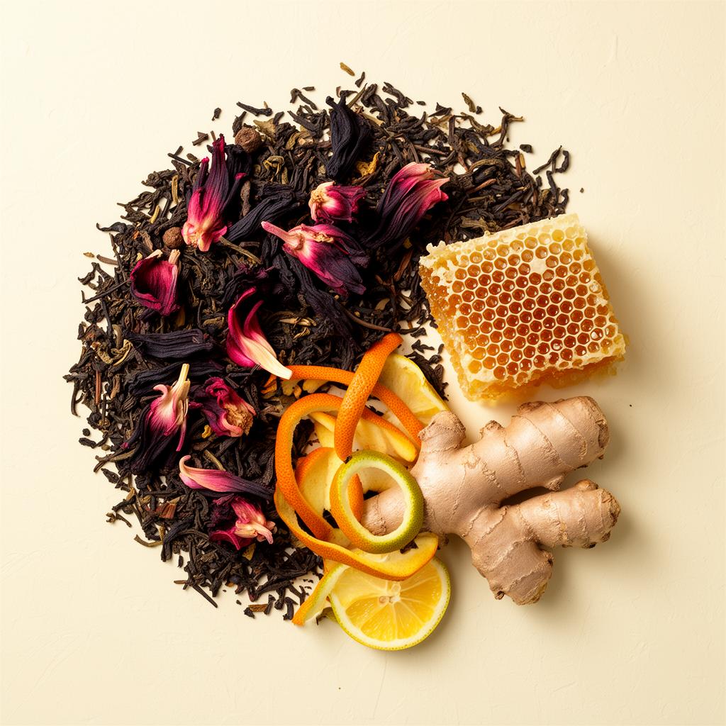 Tea leaves, hibiscus, ginger, citrus, and honeycomb